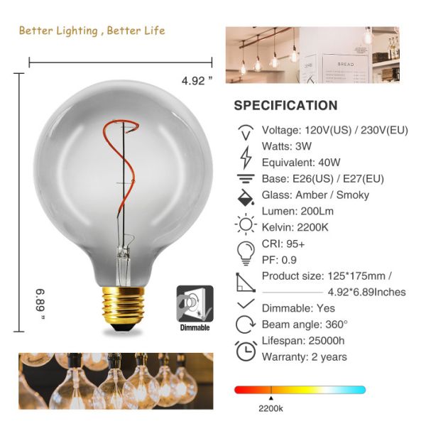 G125 Spiral LED Filament Bulb OEM Energy Saving LED Lamp 135lm