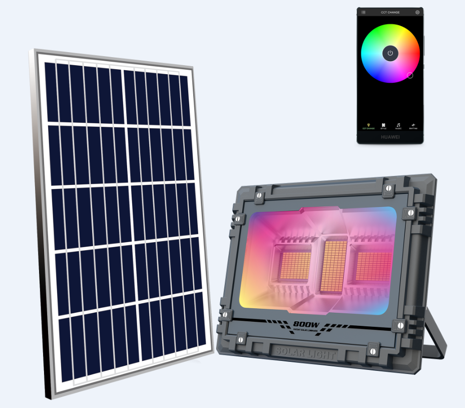 IP65 waterproof 60W 100W 200W 300W 500W RGB Solar Flood Light with remote app control color changing outdoor decoration