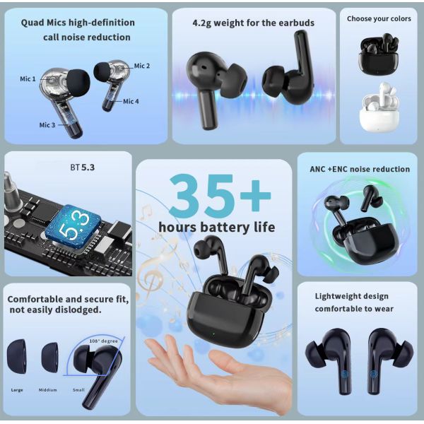 Private Mold Wireless HiFI Earbuds with Low Latency ANC ENC and Digital Display