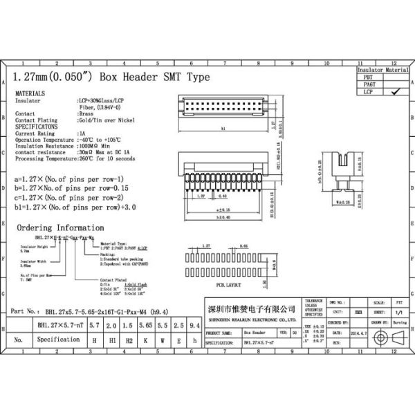 SMT Box Header Connector Double Row 1.27mm Pitch Board To Cable Connectors