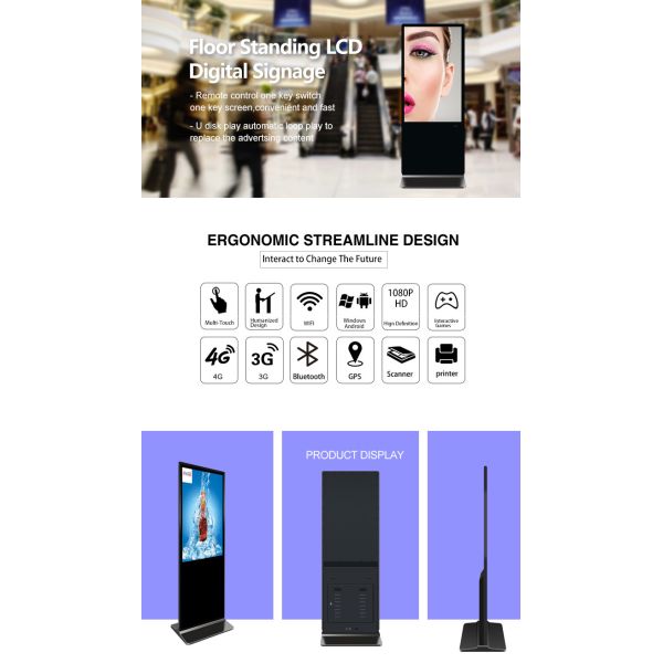 UHD Indoor Multi Touch LCD Display Kiosk Floor Standing Advertising Display