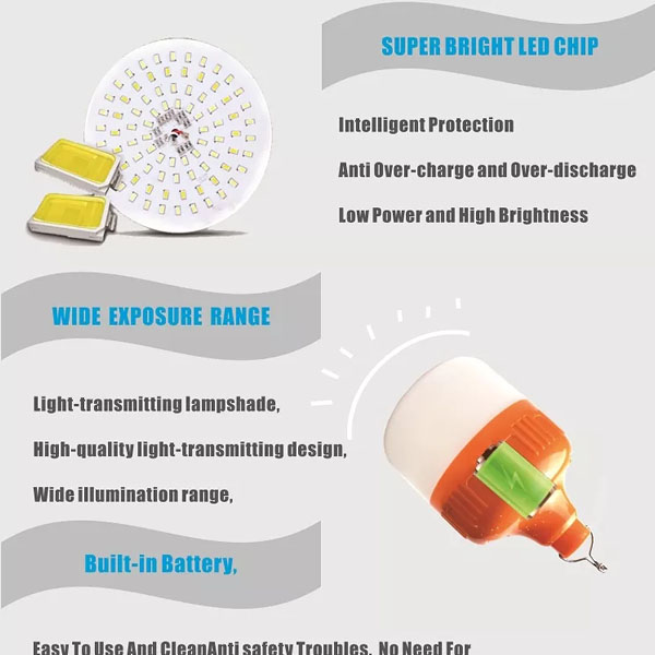USB Rechargeable Emergency LED Bulb 100W ABS Plastic Material