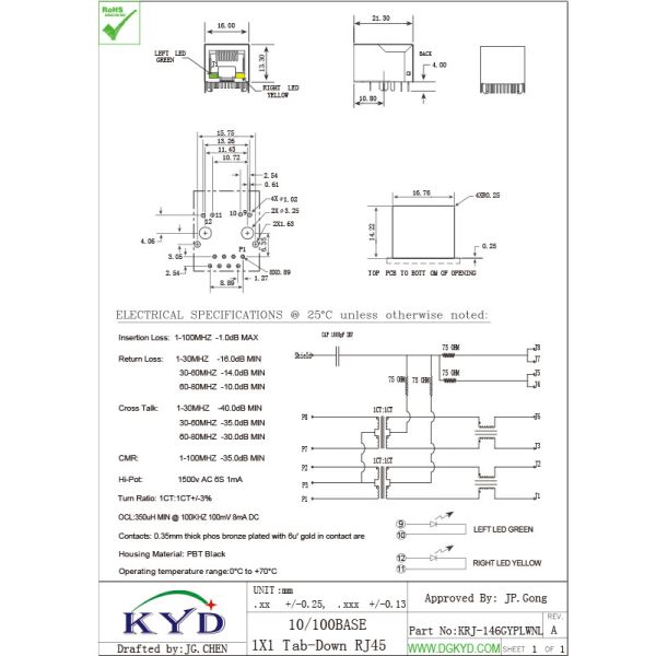 90 Degree Shielded 10/100 BASE-T RJ45 Ethernet Jack With Magnetic China Manufacturer