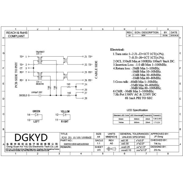DGKYD21B084AB2A5D068 2X1 Multi-Port 100M Connector 10P8C RJ45 Modular Jack Ethernet Filter