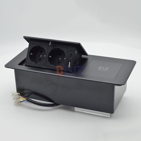 Dual AC Outlet Pop-up Electrical Socket USB Charging Wireless Charger Extension Cord-EU Plug Standard IP44 Rated 10A Capacity