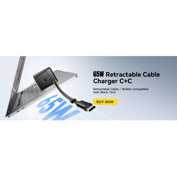 ESSAGER G652CU Series 65W Built-In USB-C Cable GaN USB-C Charger with PPS Function and 100-240V/1.5A Input