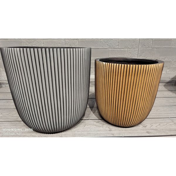 Silver Hue Stripe Patterns Round Fiber Clay Planter Lightweight Rooftop Gardens Landscaping Project