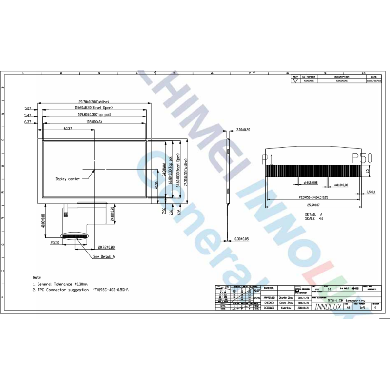 Innolux 5.0'' TFT LCD Module Ej050na-01g 800X480 RGB Transmissive