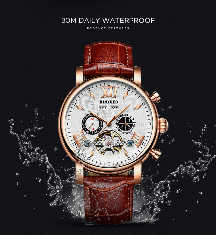 KINYUED J017-1 White Dial Gold Case Leather Strap Complete Calendar Skeleton Automatic Mechanical relojes Watch