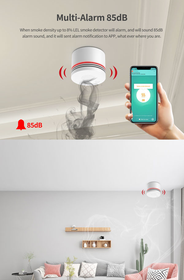 400mA LED Flash WiFi Smoke Detector Ceiling Mounted Fireproof