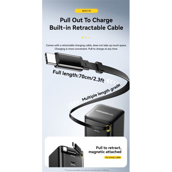 ESSAGER G652CU Series 65W Built-In USB-C Cable GaN USB-C Charger with PPS Function and 100-240V/1.5A Input