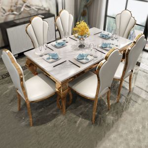China White Marble Dining Table And Chairs Set Stainless Steel Rectangle on sale
