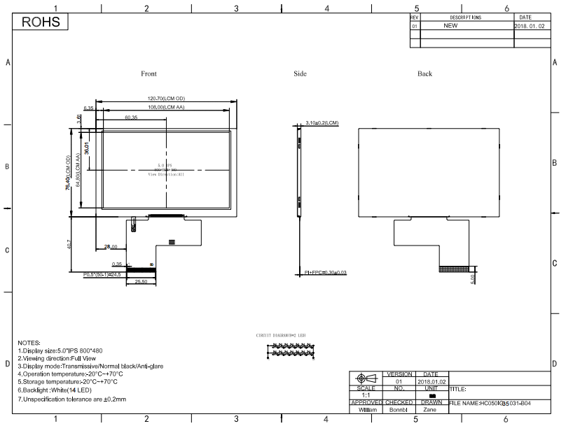 High Stability 5 Inch TFT LCD Display With IPS Display Mode 800*480