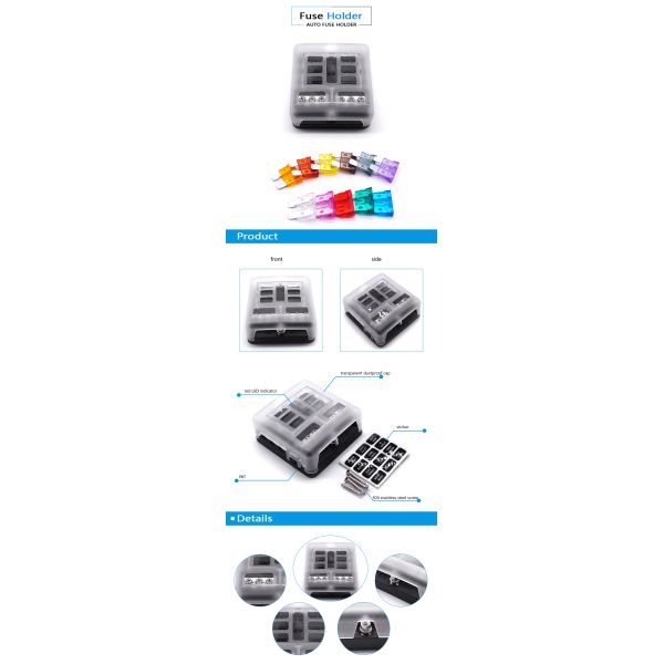 6 Way 176g Marine Fuse Block With Negative Bus LED Indicator 12-16AWG