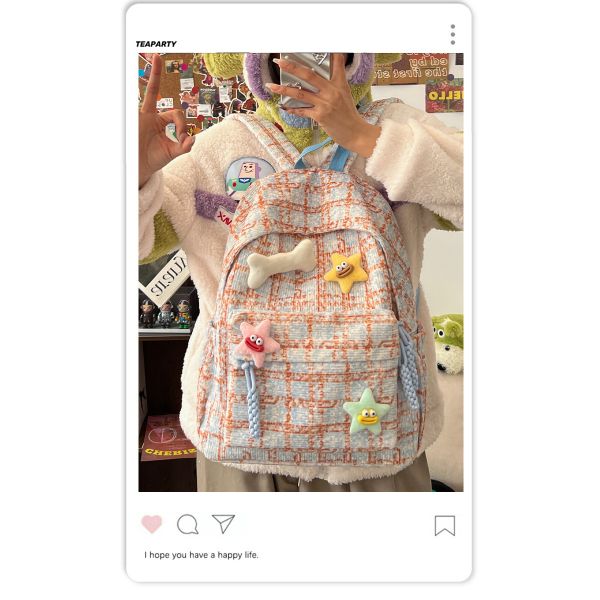 High appearance level small fresh check bag junior high school backpack female college students fall and winter backpack