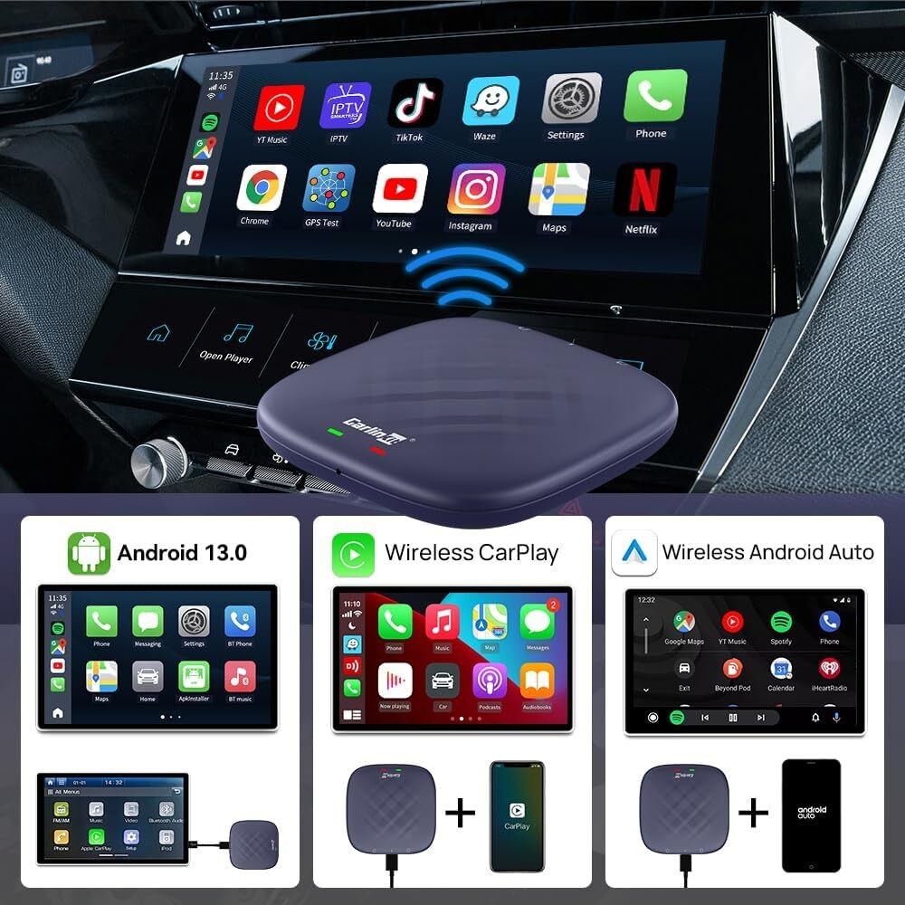 Android 13 With Youtube & Netflix Wired to Wireless Adapter Carplay Tbox Plus Smart Magic Box Car Ai Box 8-Core 8g 128g Wifi GPS