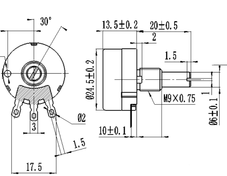 RV24YN 24mm Carbon Composition Potentiometer / Metal Shaft Single Turn Potentiometer