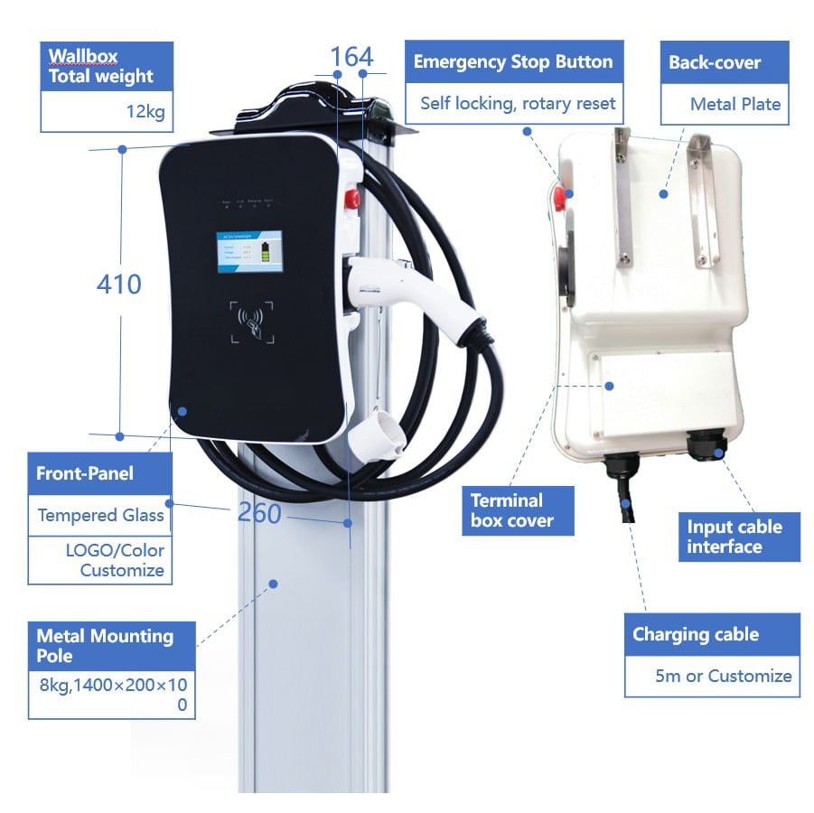 Ocpp Type 2 32a 3Phase Wall Mounted EV Charger Ac Wall Box Charger
