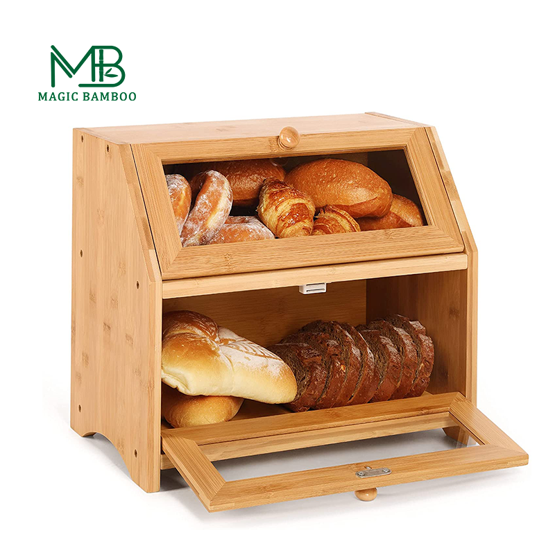 Rectangle Bamboo Bread Storage Box for Loaves and Pastries Stackable Double Layer Design