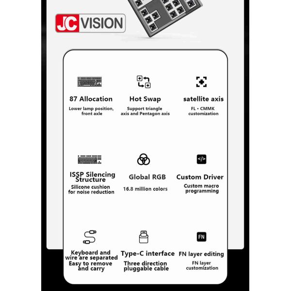 JCVISION Type C Mechanical FL Esports Keyboard 87keys Custom RGB Switch LEDs