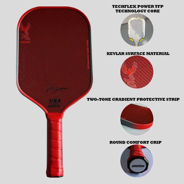 HIGOOO ZHUQUE 16mm TechFlex Power TFP Technology Core Pickleball Paddle Red Kevlar Power Pickleball Paddle Free Paddle Cover