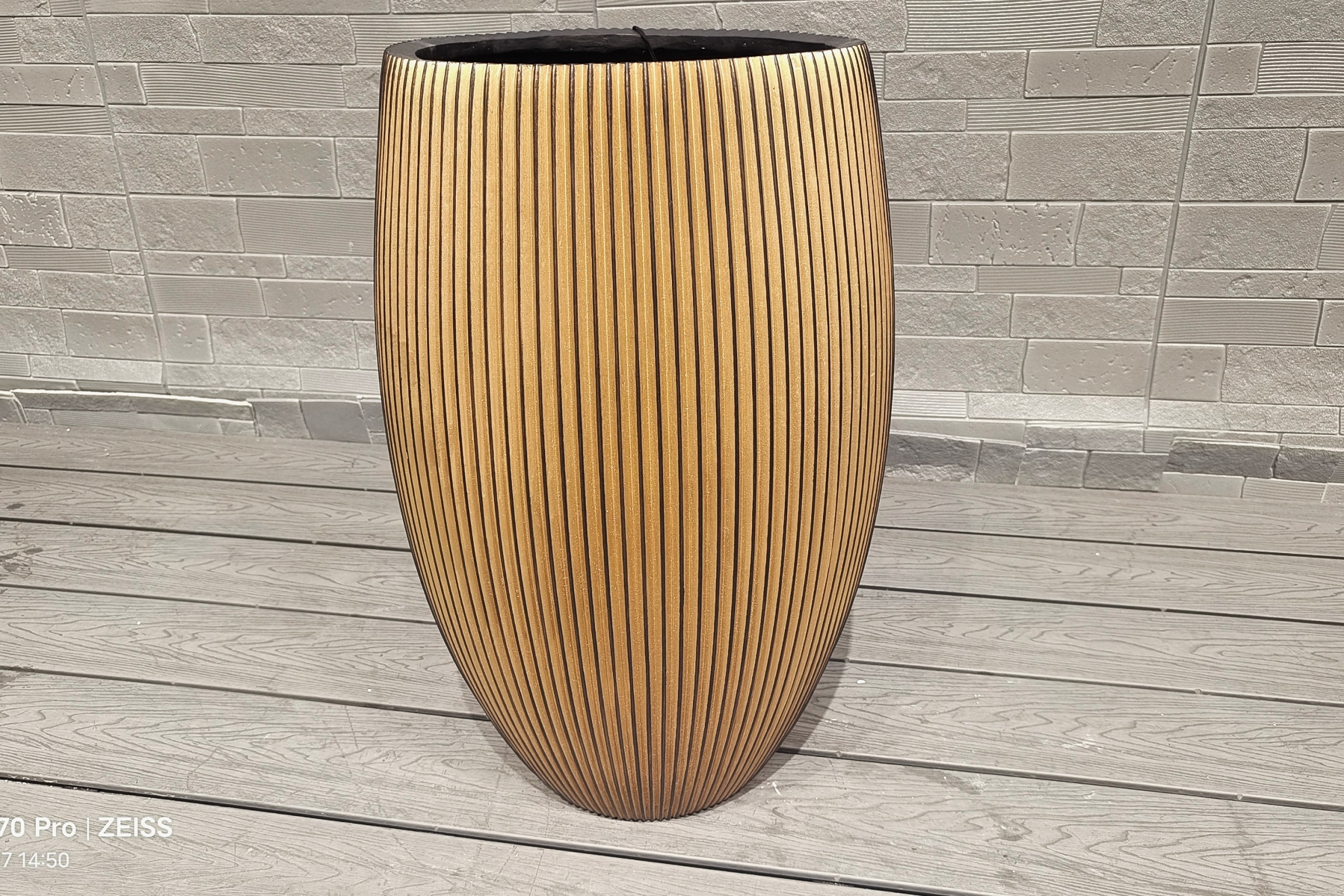 Tall Golden- Brown Hue Stripe Round Fiber Clay Planter Home Deluxe Decoration Project