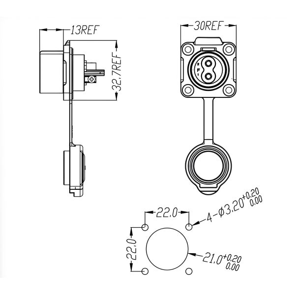 LP20 3-Core 20A IP68 Waterproof Connector Metal Plastic