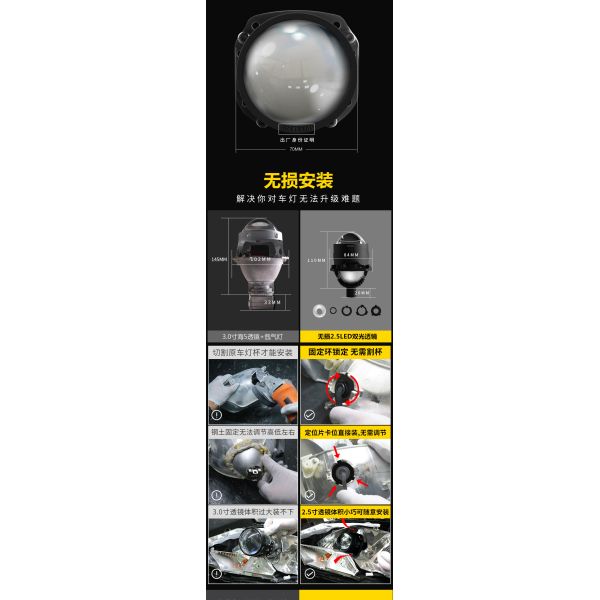 Etclite 2.5 inch Car Led Projector Lens Bulbs Universal 5500K Bi-Led High Canbus Projector Led Headlight For Car