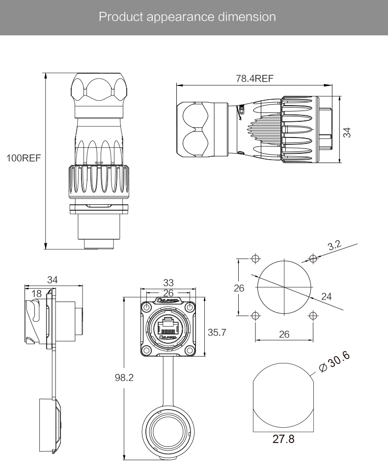 Cnlinko CE/CCC Approval Metal Circular Ethernet Rj45 Industrial Connectors Outdoor Waterproof Rj45 Female Connector
