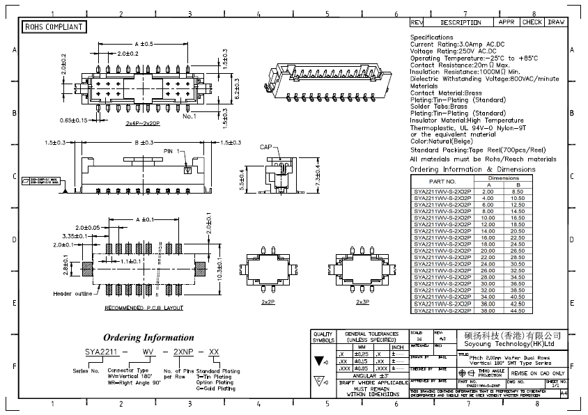 2.0mm wafer df11 smt board to board connector dual rows vertical 180° hrs df11cz-xxp