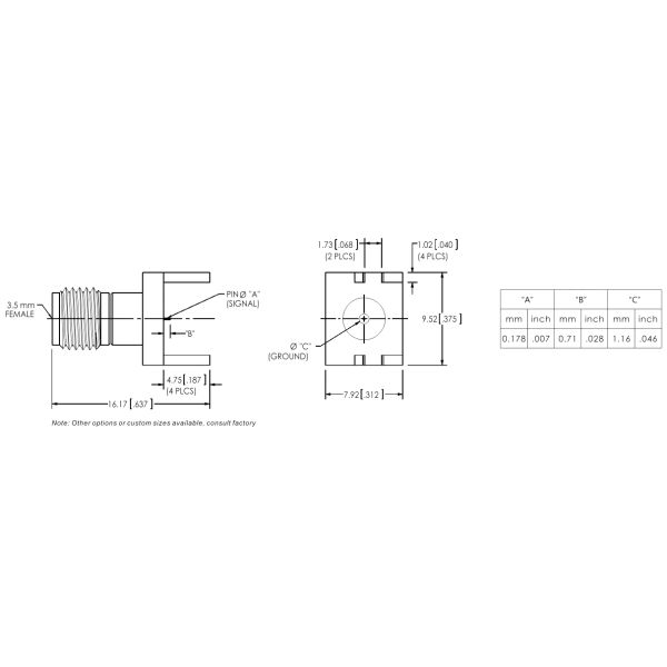 3.5mm Female Board Coaxial RF Connector For Edge Launch PCB 007" Pin