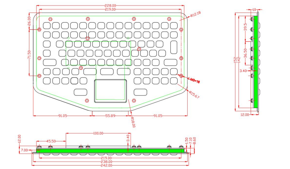 IP65 Static Vehicle Metal Ruggedized Keyboard Waterproof Touchpad 94 keys