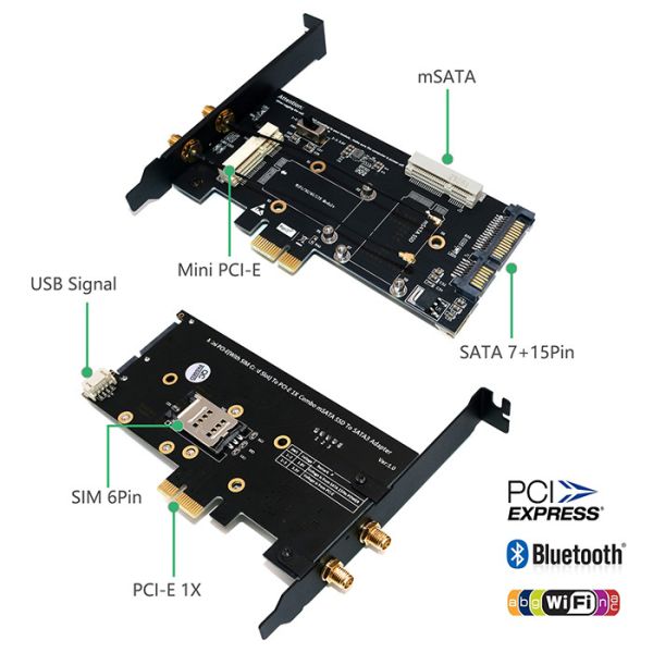 Mini PCI-E/ mSATA SSD to PCI-E and SATA 2.5 Adapter with SIM Card Slot for WiFi/ 3G/4G/LTE/ Msata SSD