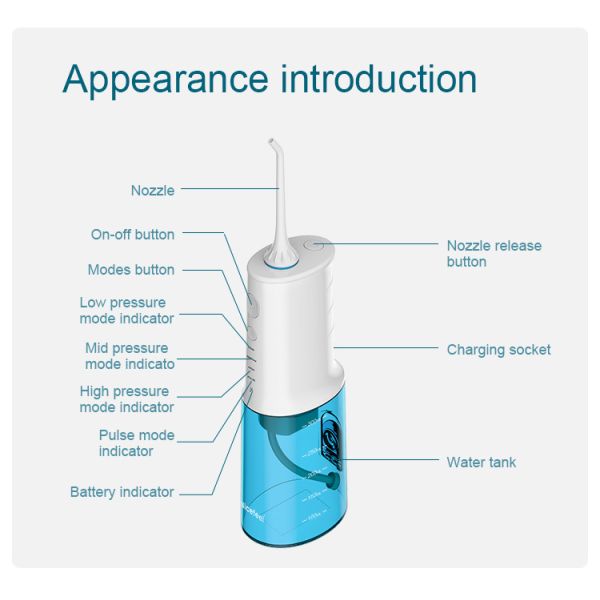 Rechargeable Dental Water Jet Flosser With 320ml Tank 2000mAh Battery