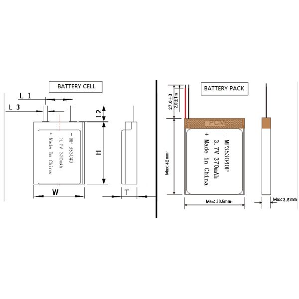 Electrical Device Rechargeable Lithium Ion Polymer Battery Pack 3.7 V 353040 370mah with KC CB UL