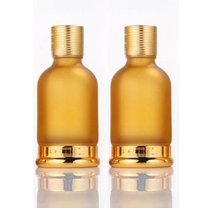 China Luxury Gold Dropper Frosted Glass Essential Oil Bottle Round Shape on sale