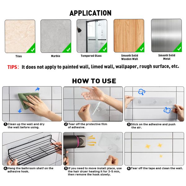 No Drilling Rustproof Traceless Adhesive Shower Wall Shelves Shower Caddy Basket Shelf with Soap Holder