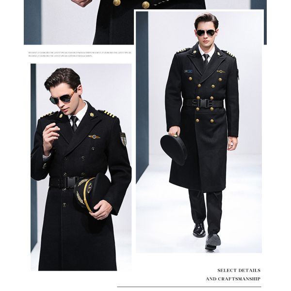 Property Security Work Uniform 100% Cotton Aviation Captain Black Woolen Coat for Men