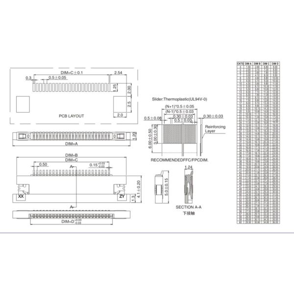 PCB Mount FFC FPC Connector 0.5 Mm Pitch Thermoplastic Base Material