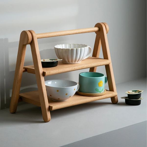 Wood Countertop Shelf Organizer 2-Tier Table Ra 2-Tier Table Rack Assemble Triangle Desk Shelf Wooden Kitchen Counter Organizer