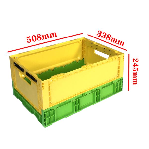 Yellow Rectangular Plastic Square Crate Folding Plastic Storage Bins External 508x338x245mm