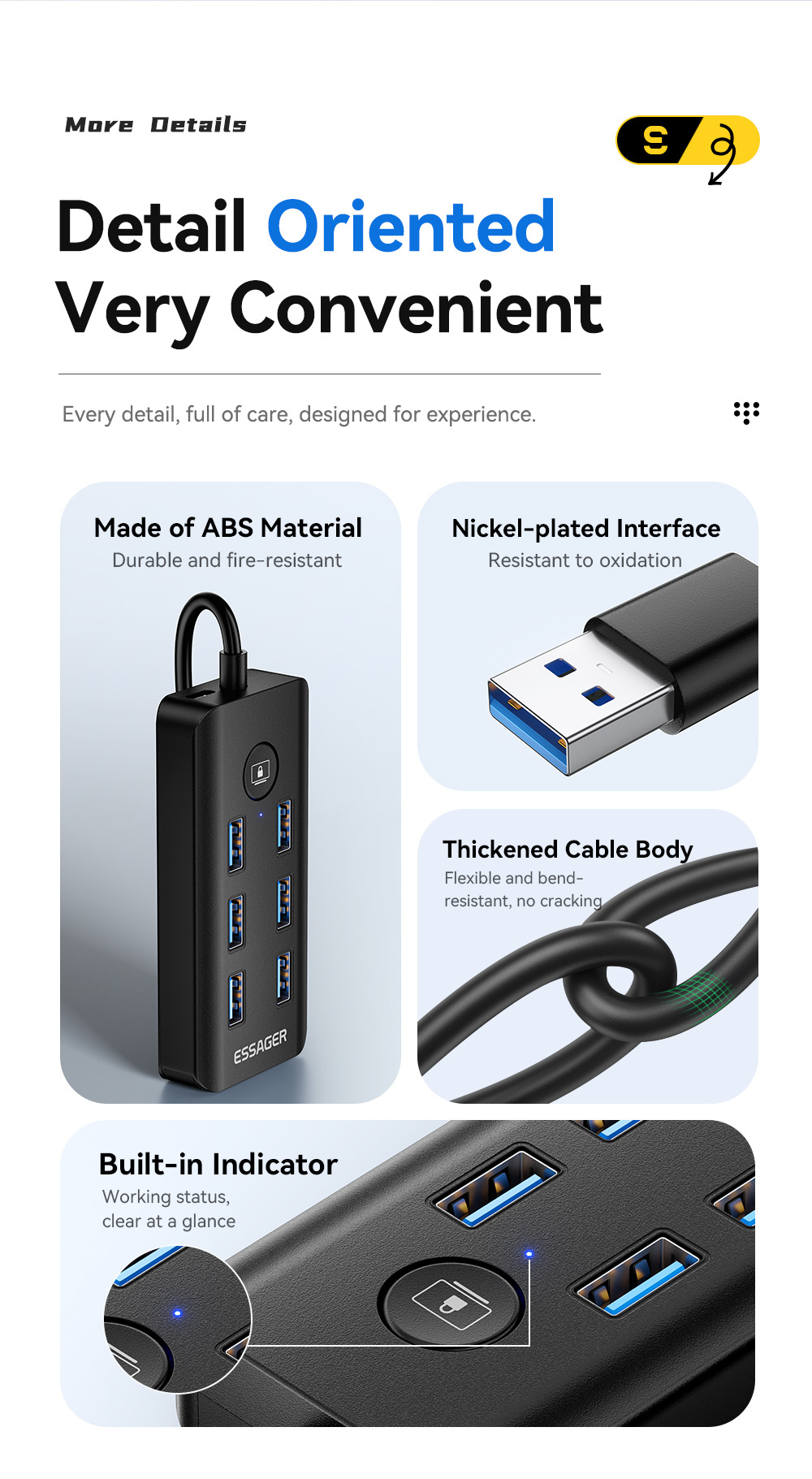 Essager ES-HB04 7-Port USB 3.0 Hub for Laptop PC 5Gbps Data Transfer