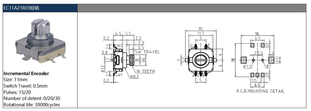 Bulk SMT Incremental Rotary Encoder &ndash; 11mm Metal Threaded Shaft, 5-Pin Design