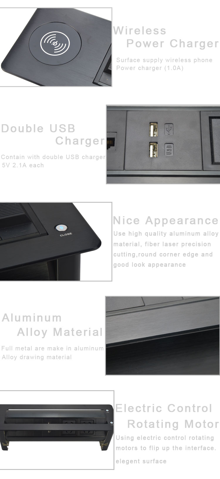Built in wireless charger motorized rotate table socket with EU power plug