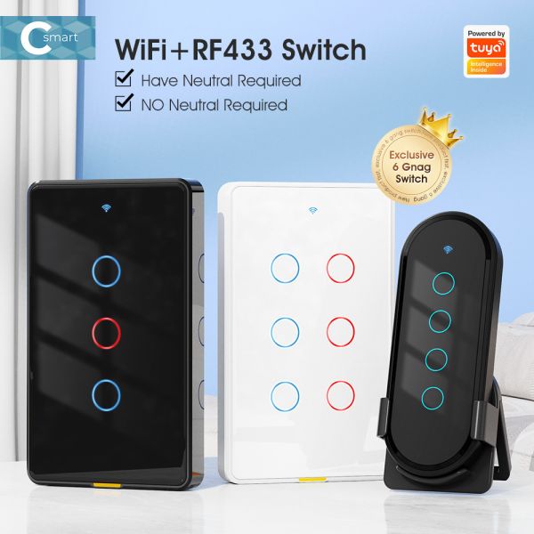 Tuya WiFi Switch Timing 6 Gang Voice App Alexa Google Home No Neutral Wire WiFi RF433 US Light Switch Smart Home
